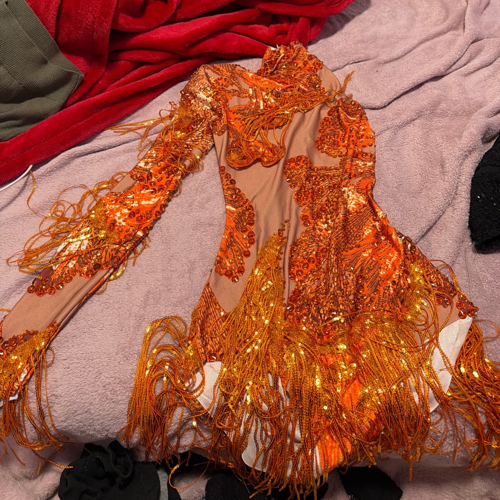 MewMews Shatora one shoulder rhinestone fringe bodysuit in orange